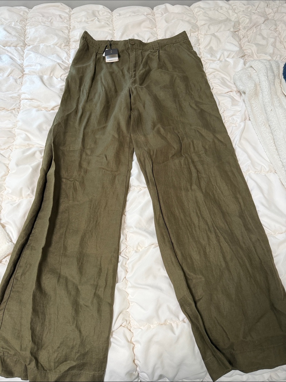 Massimo Dutti Olive Green Wide-Leg Linen Pants